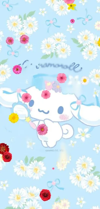 Cute floral character wallpaper with a pastel blue background.