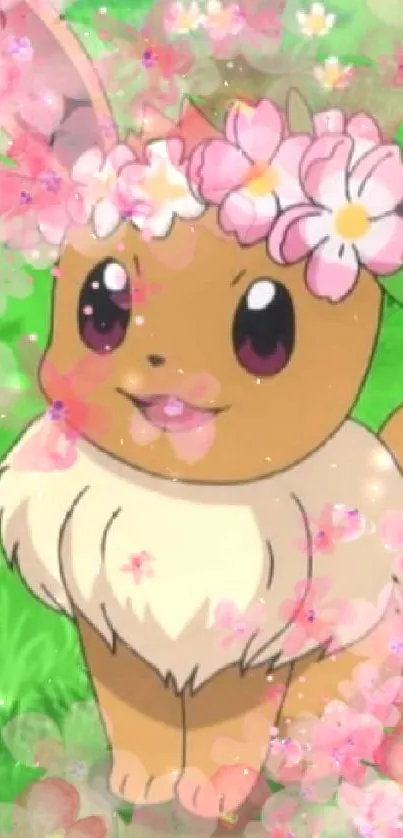 Eevee with floral crown in green field wallpaper.