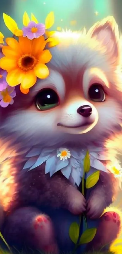 Cute fluffy fox with flowers and vibrant colors, perfect for wallpaper.