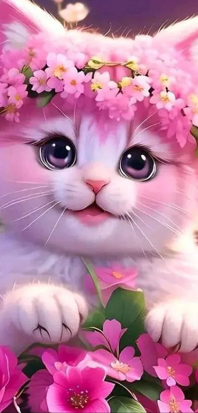 Adorable fluffy kitten with pink flower crown in vibrant floral setting.