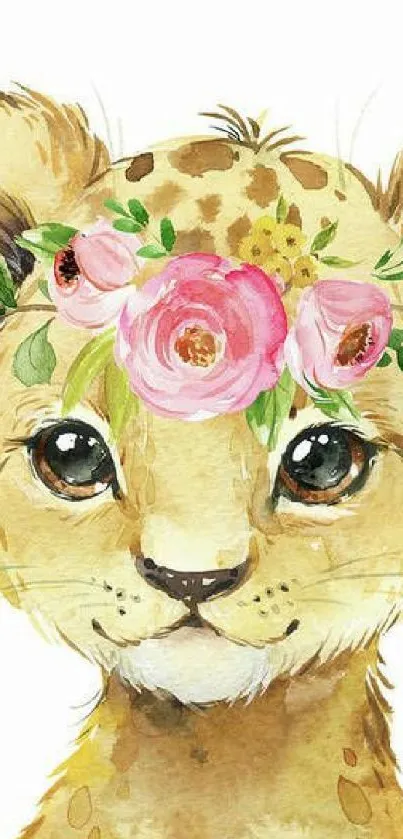 Watercolor lion cub with floral crown, cute and colorful design.