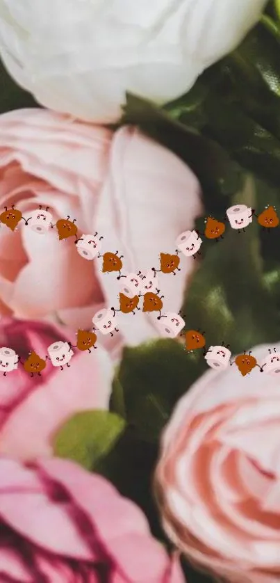 Cute floral wallpaper with pink roses and cartoon bear faces.