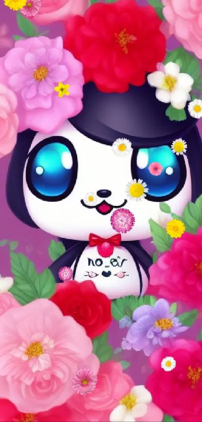 Cute panda surrounded by colorful flowers on a vibrant purple background.