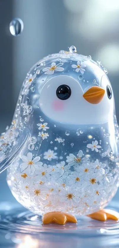 Cute floral-themed glass penguin art.