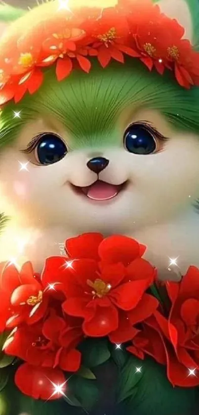 Adorable green puppy with red flowers in vibrant setting.