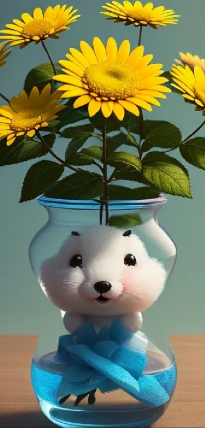 Adorable puppy in vase with yellow flowers on wooden table.