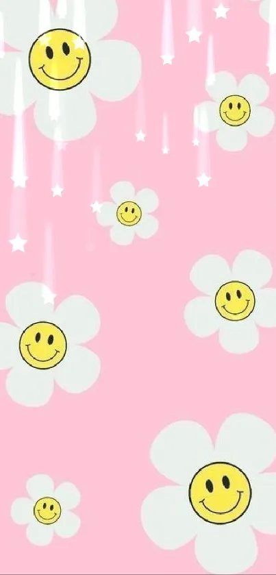 Smiley daisy flowers on a pink background wallpaper.