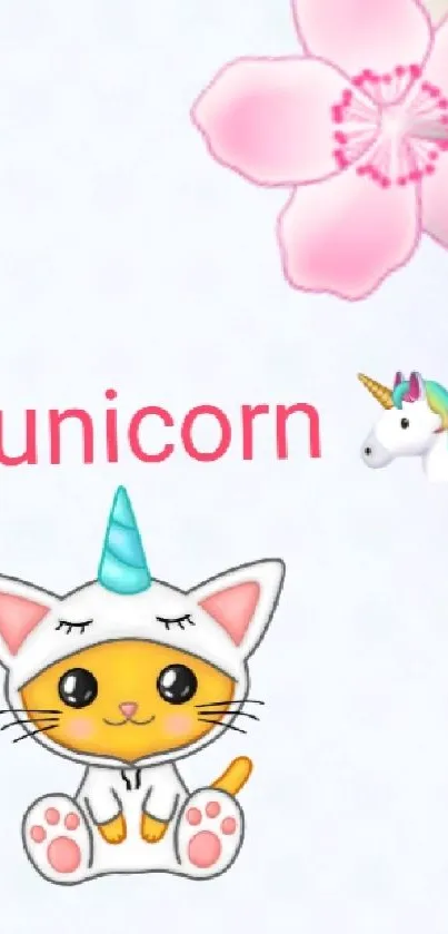 Cute wallpaper with unicorn, cat, and flowers on white background.