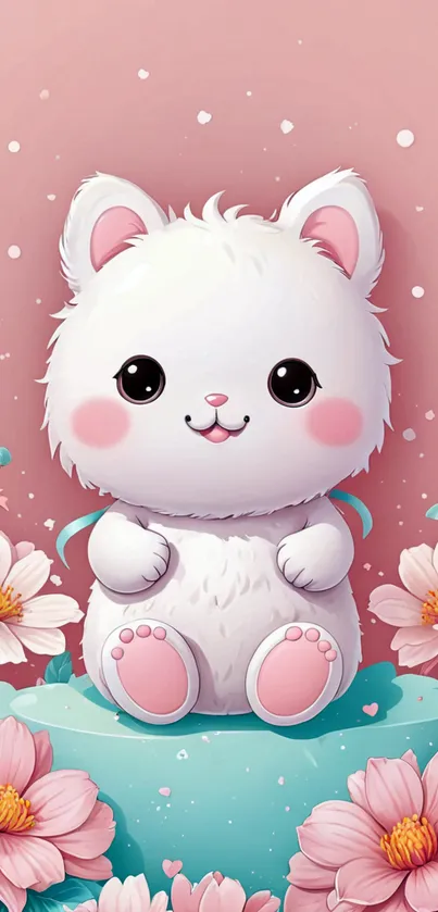 Cute fluffy animal with pink flowers on a mobile wallpaper.