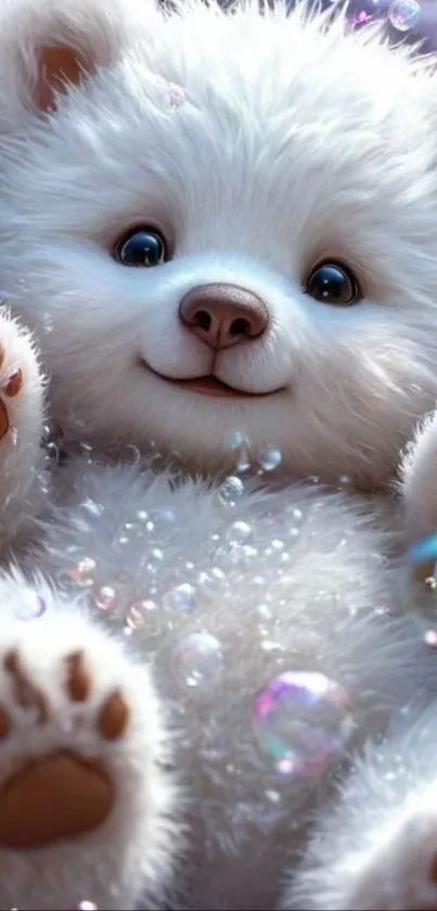 Fluffy white bear with bubbles and paws up.
