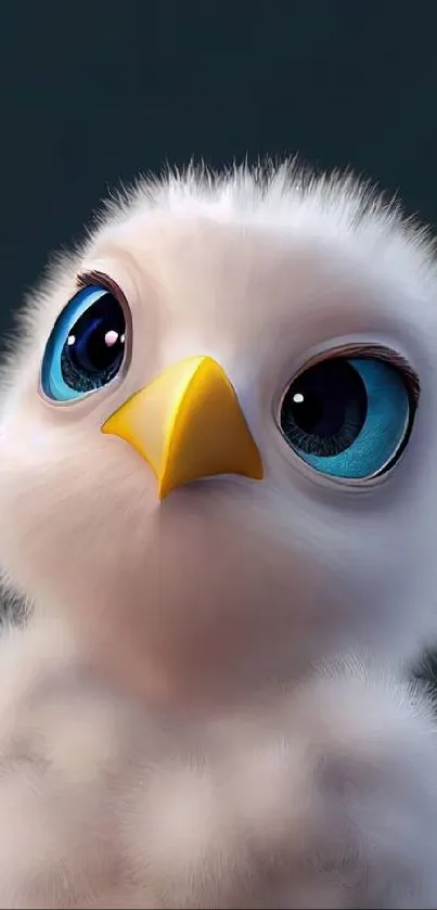 Adorable fluffy bird with big blue eyes on dark cyan background.