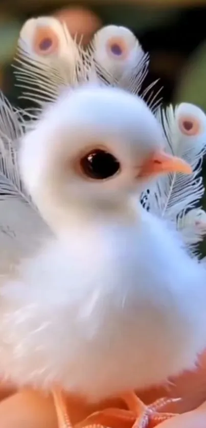 Adorable fluffy white bird with peacock-like feathers.