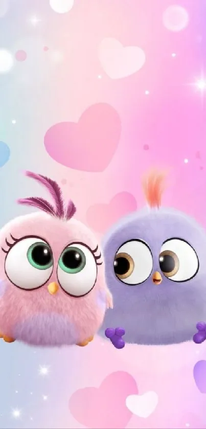 Adorable pink and purple fluffy birds with a pastel heart background.