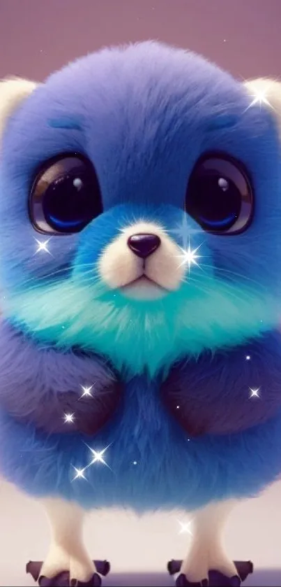 Cute fluffy blue cartoon animal wallpaper with big eyes.