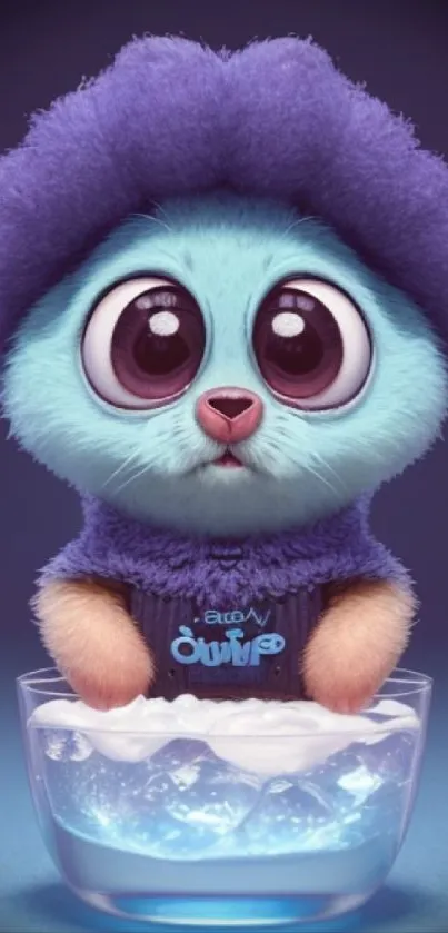 Adorable fluffy blue creature with big eyes sitting in an ice bowl, cute mobile wallpaper.