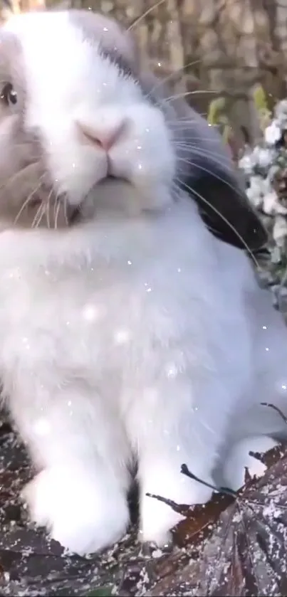 Fluffy bunny with sparkling effect in a garden setting.