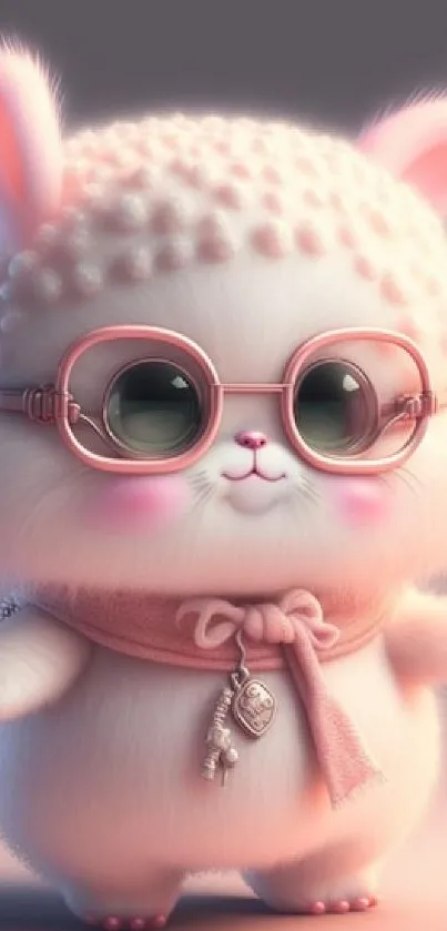 Cute fluffy bunny wearing pink glasses and scarf, perfect for mobile wallpaper.