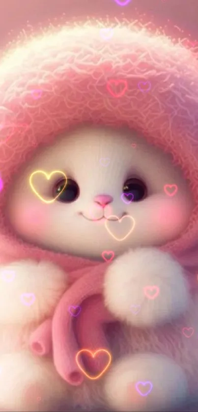 Fluffy white bunny in pink winter attire, looking adorable.