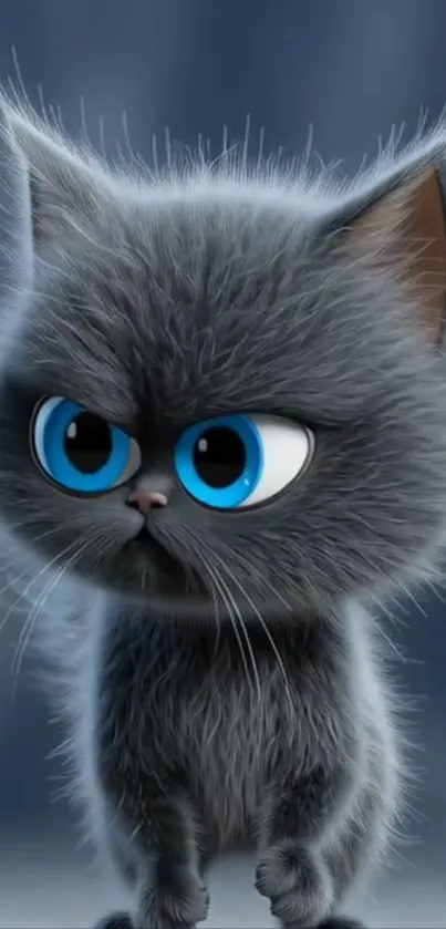 Cute fluffy cartoon kitten with blue eyes.