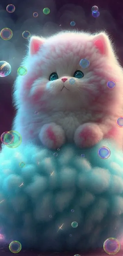 Fluffy kitten on blue cloud with bubbles and soft lighting.