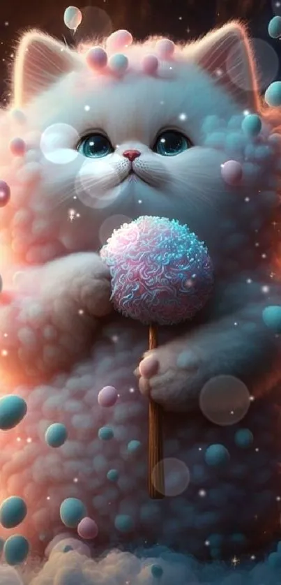 Adorable fluffy cat with balloons and candy in a dreamy fantasy setting.