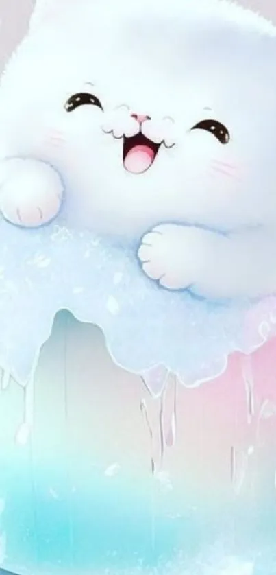 Cute fluffy white cartoon cat in pastel colors.
