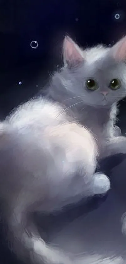 A fluffy white cat illustrated on a dark blue background, perfect for a phone wallpaper.