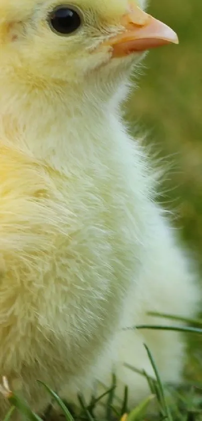 Close-up of a fluffy yellow chick sitting in green grass.