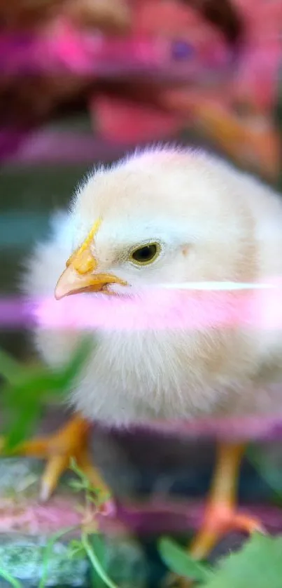 A cute fluffy chick with vibrant colors in nature backdrop.