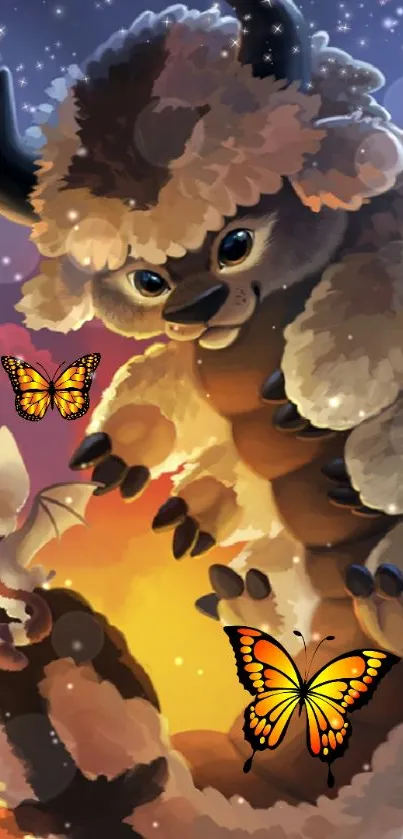 Fluffy creature with butterflies under a starry sky.