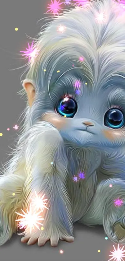 Cute fluffy creature with big blue eyes on a gray background.