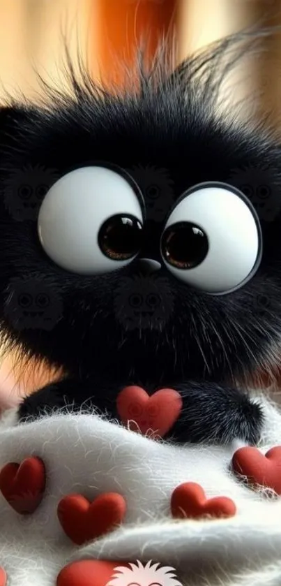 A cute fluffy creature with big eyes surrounded by hearts on a warm background.