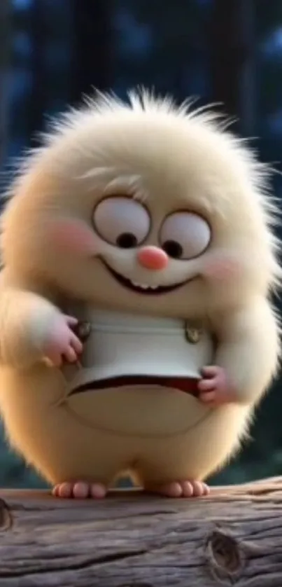 Cute fluffy creature in a forest setting.