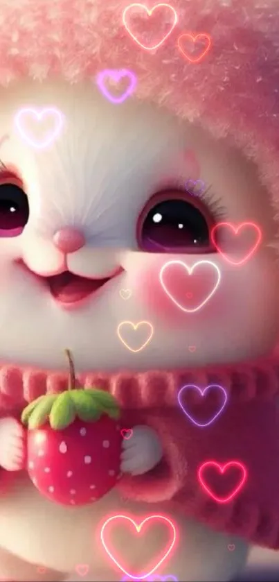 Cute fluffy creature in pink hood with strawberry.