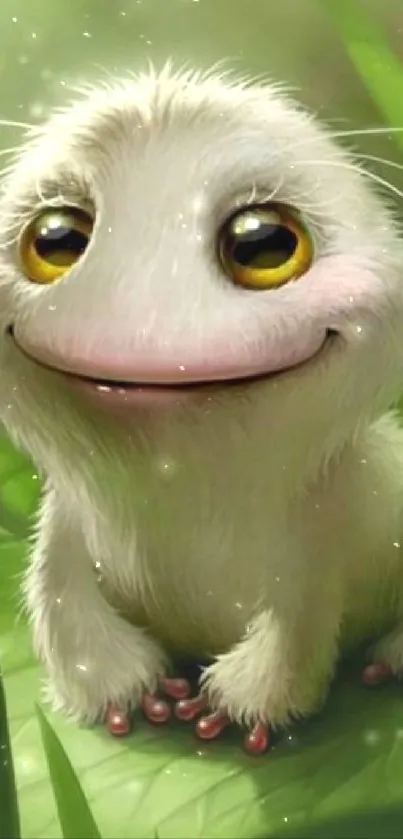 Cute fluffy white creature on a green leaf, smiling with bright eyes.