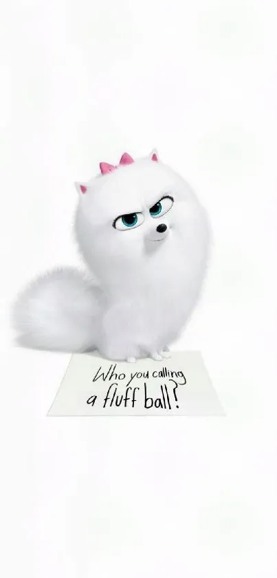 Fluffy white animated dog with a pink bow on a white background.