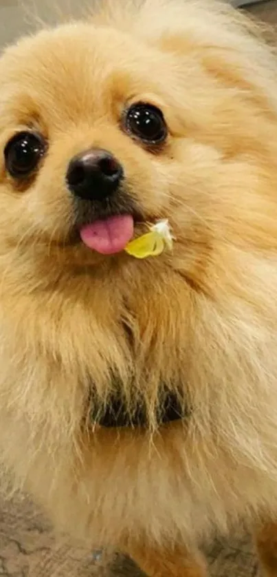 Adorable fluffy dog with golden fur and playful expression.