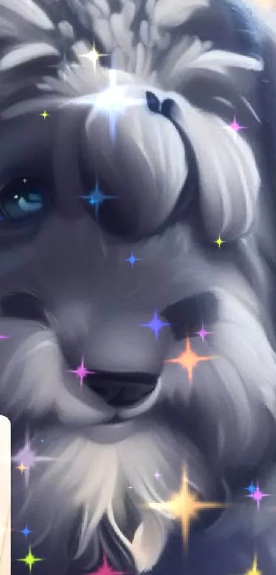 Cute and fluffy gray dog illustrated artwork.