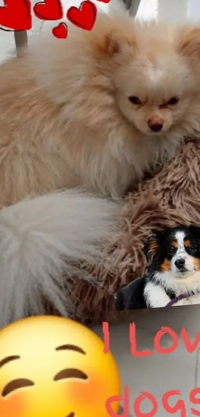 Adorable Pomeranian dog with heart emojis and happy face.