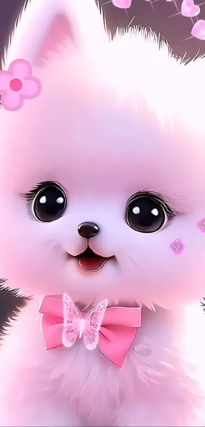 Adorable fluffy cartoon dog with a pink bow tie and flowers.