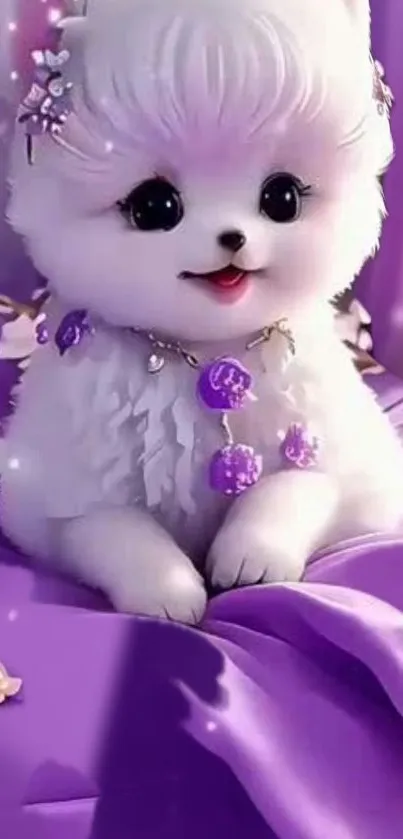 A cute, fluffy dog on a purple fabric background.