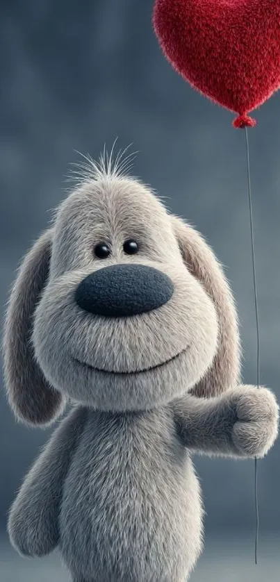 Fluffy cartoon dog with heart balloon, gray background.