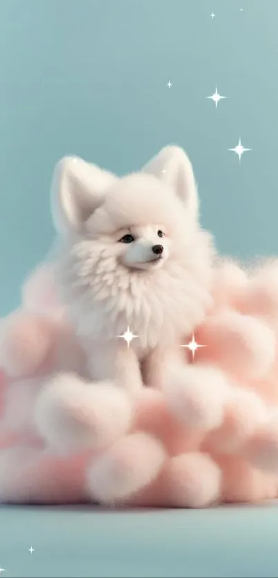 Cute fluffy fennec fox on soft pastel pink clouds with a sky blue background.