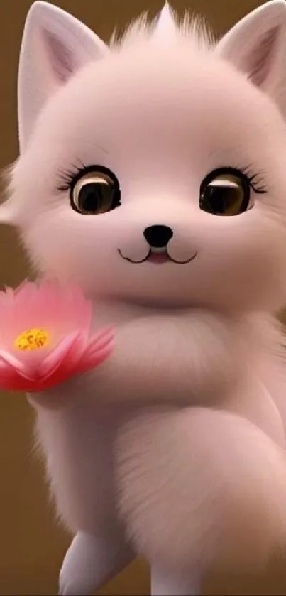 Cute fluffy fox holding a pink flower on a brown background.