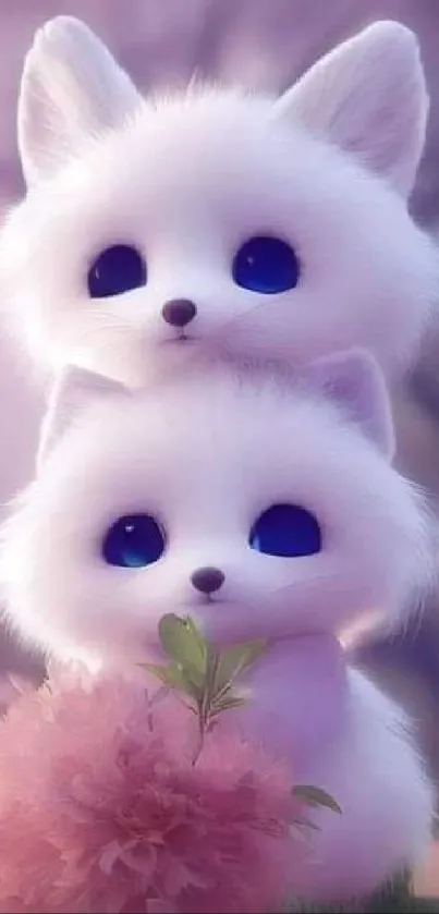 Adorable wallpaper with two fluffy foxes in soft pastel colors.