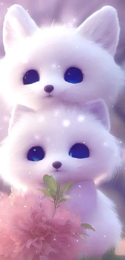 Adorable fluffy foxes with purple flowers in a dreamy wallpaper.