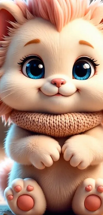 Colorful and cute fluffy kitten digital art wallpaper with blue eyes.