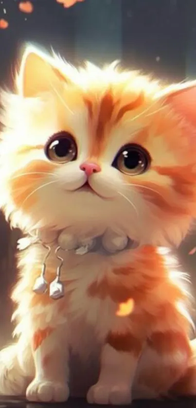 Adorable animated orange kitten with headphones on a mobile wallpaper.