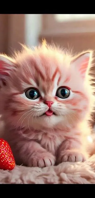 Cute fluffy kitten with large eyes and a strawberry on a cozy background.