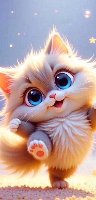 Adorable fluffy cartoon kitten with big eyes dancing on a dreamy background.